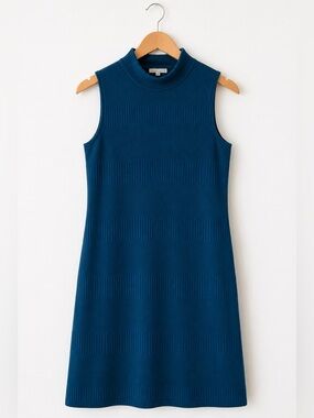 Chelsea Taylor Teal Blue Mock Neck Ribbed Knit Sleeveless Dress Size 6